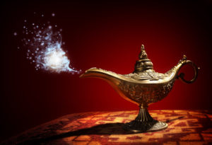 48355407 - magic lamp from the story of aladdin with genie appearing in blue smoke concept for wishing, luck and magic